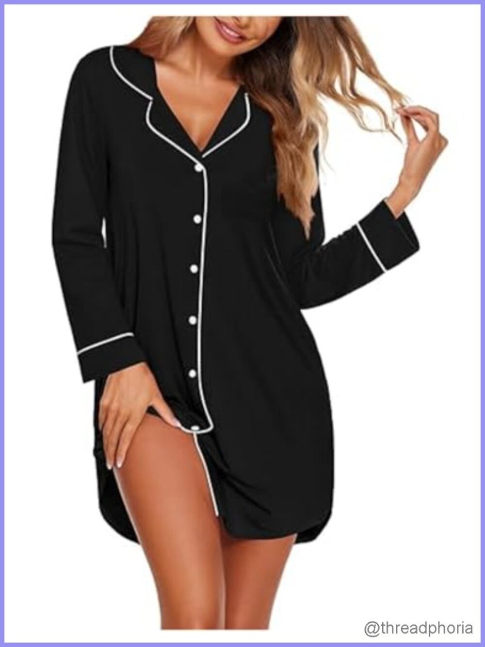 Soft Polyester Spandex Long Sleeve Button Down Nightshirt